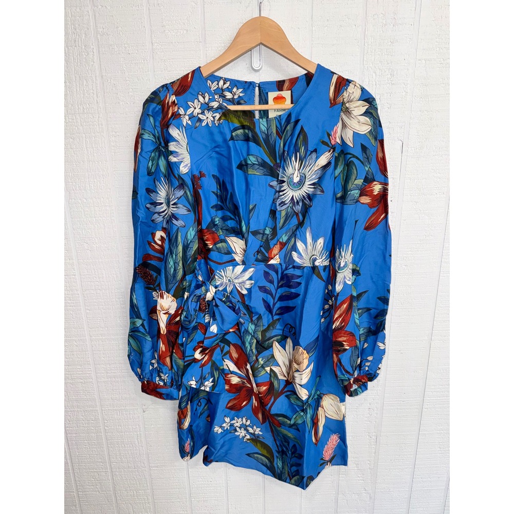 Farm Rio Mini Dress Women Blue Tropical Floral Side Tie Long Sleeve Size S